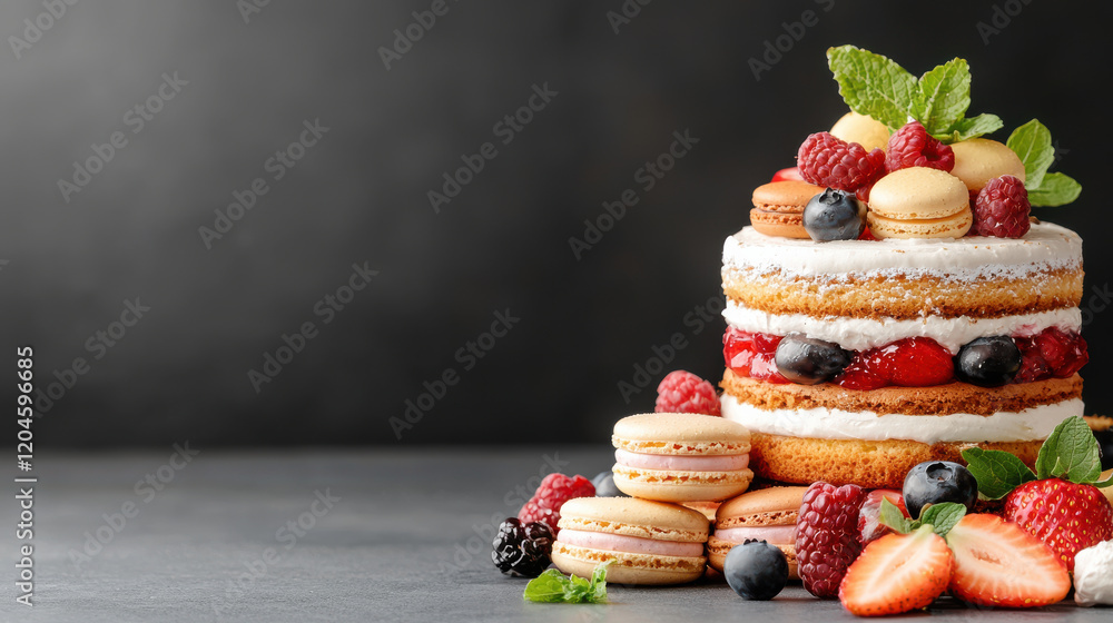 Poster delicious dessert table featuring layered cake topped with fresh berries, macarons, and mint leaves,