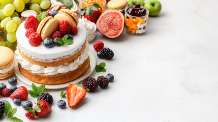 Obraz premium vibrant dessert table featuring layered cake topped with fresh berries, macarons, and assorted fruits. colorful display evokes sense of indulgence and celebration