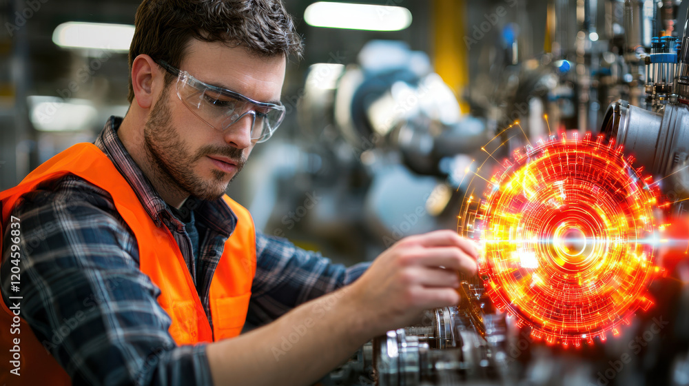 Poster mechanical engineer testing advanced engine system in factory. engineer wears safety goggles and ora