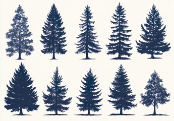 Obraz premium Fir trees silhouettes set. Coniferous spruce horizontal