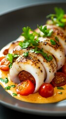 Close-up of grilled squid stuffed with chorizo ​​served with tomato and saffron sauce. Grilled squid served in an upscale restaurant.