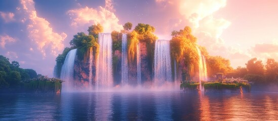 Island waterfall at sunset.