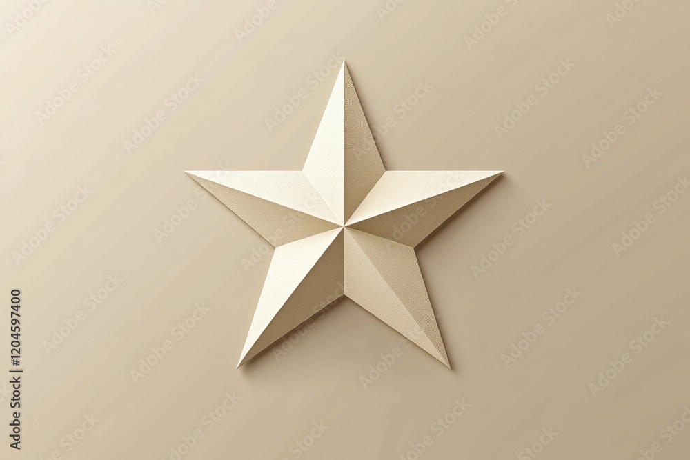 Poster three dimensional five pointed star in a neutral color palette reflecting light elegantly on a textu