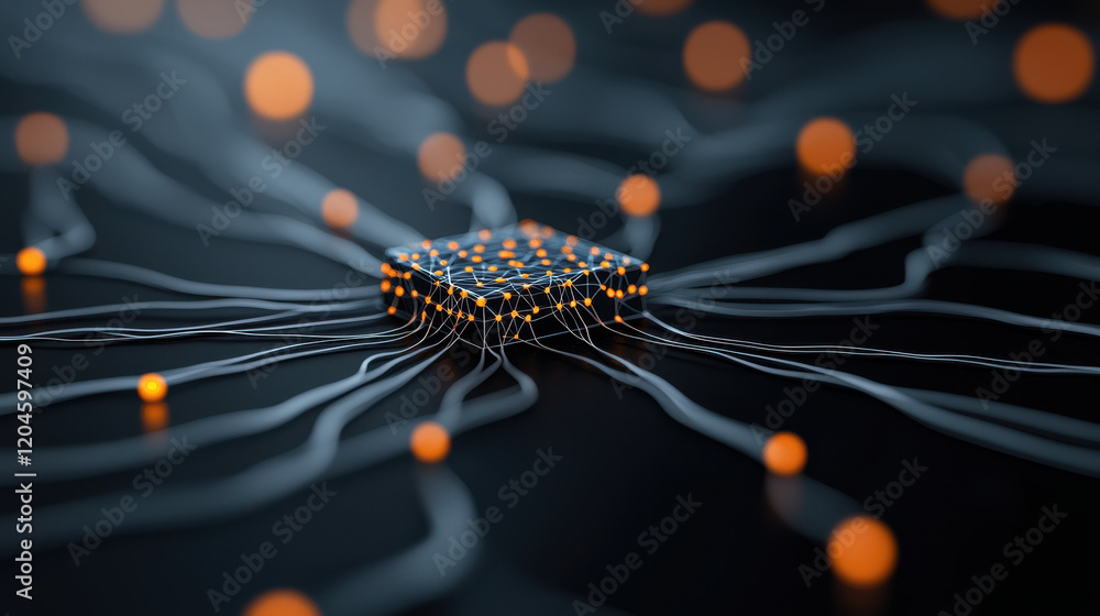 Aufkleber visualization of neural network model with interconnected nodes and glowing elements, representing advanced technology and data processing
