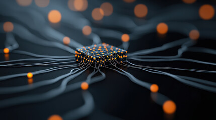 visualization of neural network model with interconnected nodes and glowing elements, representing advanced technology and data processing