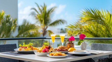 A bright outdoor dining scene featuring tropical plants, a delicious breakfast spread, and refreshing drinks, perfect for a relaxing meal.