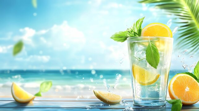 A refreshing drink with mint and lemon sits by the beach, with splashes of water and a vibrant blue sky in the background.