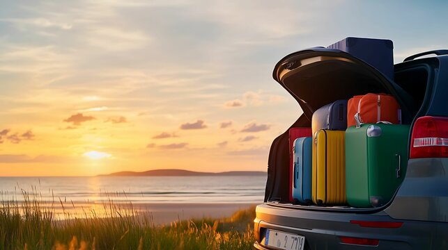 A car trunk filled with colorful luggage is parked by the beach at sunset, creating a perfect scene for adventure and travel.