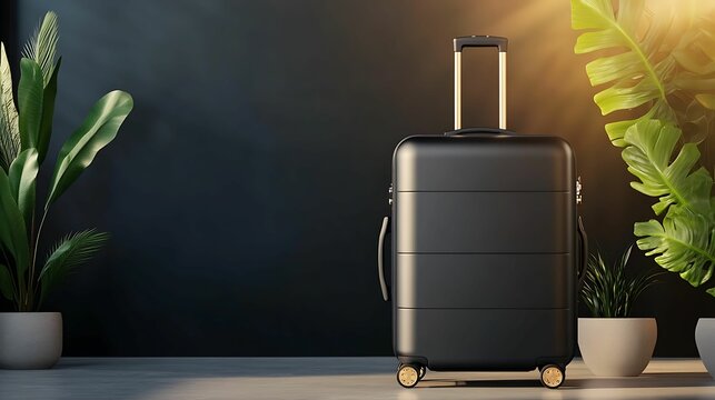 A sleek black suitcase stands against a dark wall, surrounded by potted plants, bathed in warm sunlight, ready for travel.