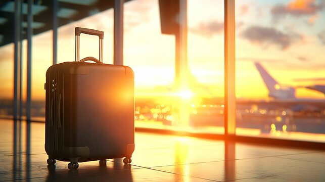 A black suitcase stands in an airport terminal, illuminated by a stunning sunset, with an airplane visible in the background.