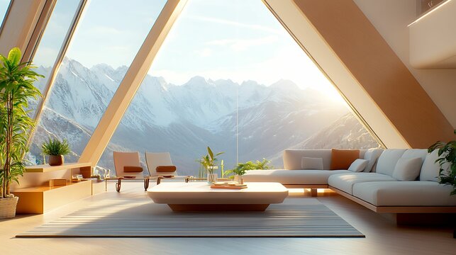 A cozy, modern living room featuring large windows with mountain views, stylish furniture, and natural light.
