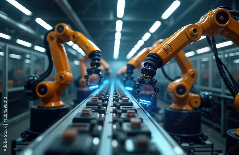 Poster orange industrial robots work on production line. handle small objects on conveyor belt. scene shows