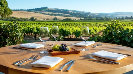 A picturesque outdoor dining setup amidst lush vineyards, featuring a round table with elegant tableware and a scenic backdrop of rolling hills.