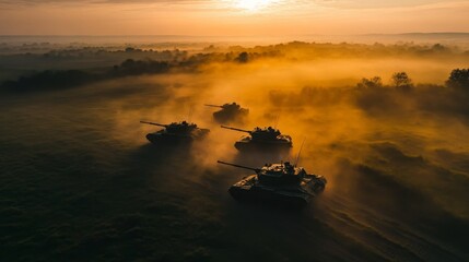 Drone footage of tanks advancing through fog on a wartime battlefield, showcasing action amidst natural surroundings
