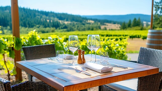 A charming outdoor dining setup with a wooden table, wine glasses, and a scenic vineyard backdrop under a clear blue sky.