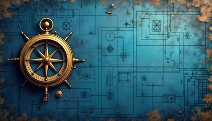 Naklejka premium Vintage gold compass on blue grunge background. Nautical design with technical blueprints. Represents exploration, navigation. Antique style. Travel theme. Symbol of direction, journey. Great graphic