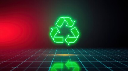 neon recycling icon in shades of green, surrounded by faint holographic elements, resting on a dark sci-fi background
