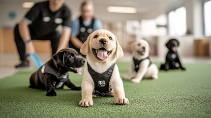 A few guide dog puppies playing together in a designated training area.