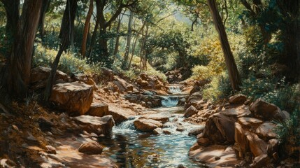Sun-Dappled Stream in a Lush Forest