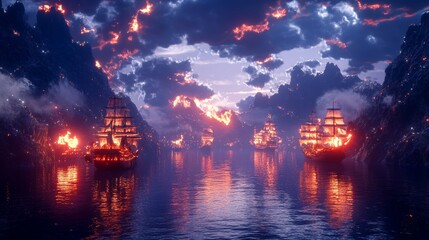 Fototapeta premium A ship ablaze on a tumultuous ocean, with seagulls fluttering in the background.