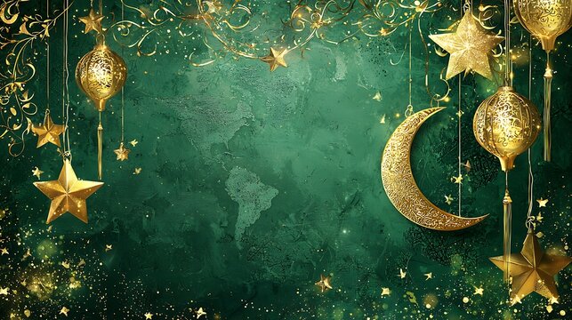 Ramadan Kareem design on green Islamic background with gold ornament star, moon and lanterns. Promotion and shopping template for raya and ramadan concept. Eid