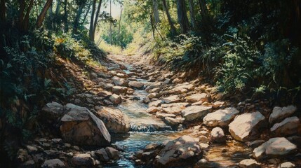 Serene Stream Through Sun-Dappled Forest: A Peaceful Woodland Escape