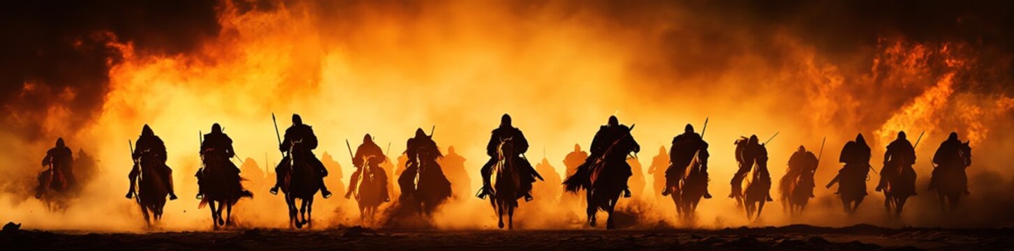 In a fog-shrouded battlefield of medieval times, cavalry and infantry clash. The fighters are visible as individual silhouettes against a misty, twilight background.