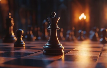 A chess game depicted with pieces on a dark-themed chessboard. The image conveys ideas related to business, competition, and strategic thinking.
