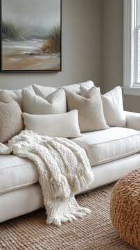Cozy living room interior with a cream-colored sofa, textured throw pillows, and a soft knit blanket