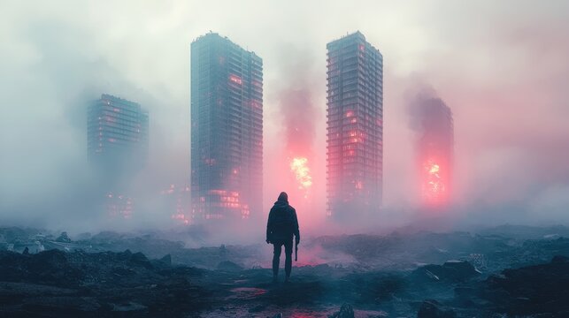 A solitary figure, cloaked in enigma, prowls through a desolate urban landscape, a haunting vestige of a lost civilization.