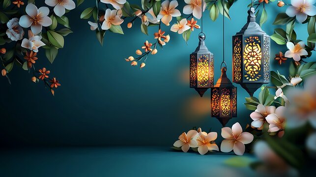 Ramadan Kareem Islamic festival poster background design with flowers and lanterns, suitable for Ramadan Kareem , Hari Raya, Eid Mubarak, Eid al Adha. Eid
