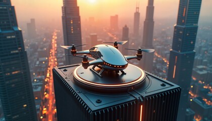 Futuristic drone taxi lands on helipad. Advanced tech air mobility in urban setting. Sunrise illuminates modern city skyline. Drone on platform atop skyscraper. Urban sprawl with high-rise buildings