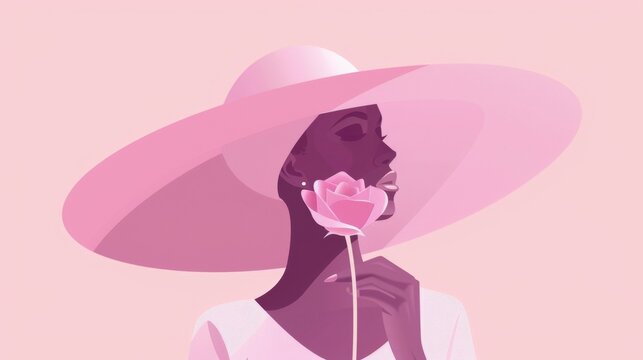 A woman wearing a pink hat and holding a rose. The hat is large and the woman is standing in front of a pink background