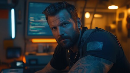 Developer in Tech Workspace with Neon Glow