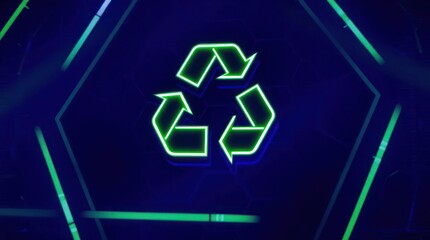 Fototapeta premium luminous green recycling symbol against a intricate neon circuitry patterns