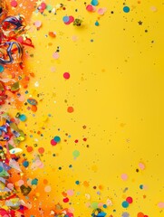 A yellow background with a lot of colorful confetti. The confetti is scattered all over the background, creating a festive and celebratory mood