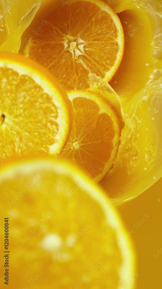 Poster super slow motion of splashing orange juice. filmed on high speed cinema camera, 1000 fps. abstract 