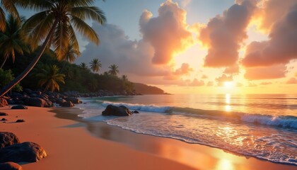 Fototapeta premium Sunrise paints tropical beach with warm hues. Palm trees line the shore. Gentle waves caress the sandy beach. Paradise island scene. Ocean meets coast. Beautiful landscape. A relaxing vacation spot.