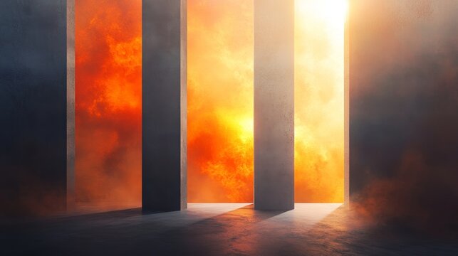 In the backdrop, three imposing pillars stand amidst a dense, smoke-filled blaze, casting an atmosphere of peril and turmoil.