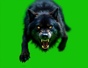 Obraz premium Fearsome Black Wolf on Green Screen, Ready for Compositing