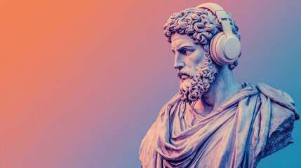 Obraz premium Classical statue wearing headphones, blending art and modern music