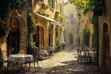 Picturesque Italian Street Cafe: Golden Summer Day Atmosphere