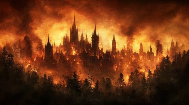 A once-thriving city now lies in ruins, its sky aflame, captivating and chilling, with a focus on the desolation around it, depicting an artistic and dystopian world.