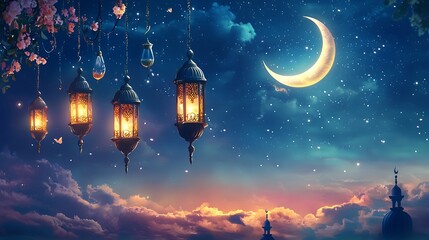 realistic islamic background with crescent and Lanterns. background for Islamic religions ,Eid al fitr, Eid al adha, Happy muharram, Islamic new year, Ramadan kareem. realistic islamic background