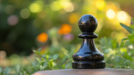 A black chess piece is sitting on a brick. The piece is a pawn and is surrounded by green leaves. Scene is peaceful and serene, as the chess piece is placed in a natural setting