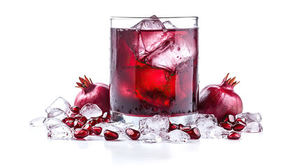glass of red pomegranate juice with ice cubes isolated on white background	