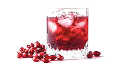 glass of red pomegranate juice with ice cubes isolated on white background	