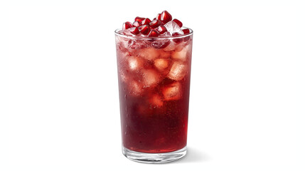 glass of red pomegranate juice with ice cubes isolated on white background	