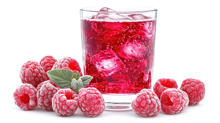 glass of red raspberry juice with ice cubes isolated on white background	