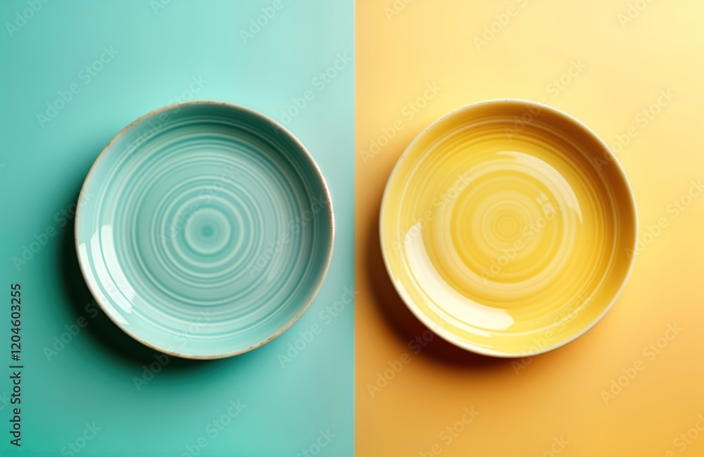 Wall mural Two empty ceramic plates sit on colorful background. One plate teal, yellow. Plates round, textured design. Plates clean, ready for food. Image perfect for beauty of modern tableware. Highlights